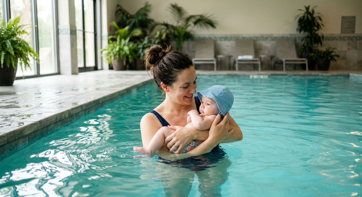 Groupe de cinq adultes souriants debout dans le bassin intérieur chauffé de l'hôtel-spa
