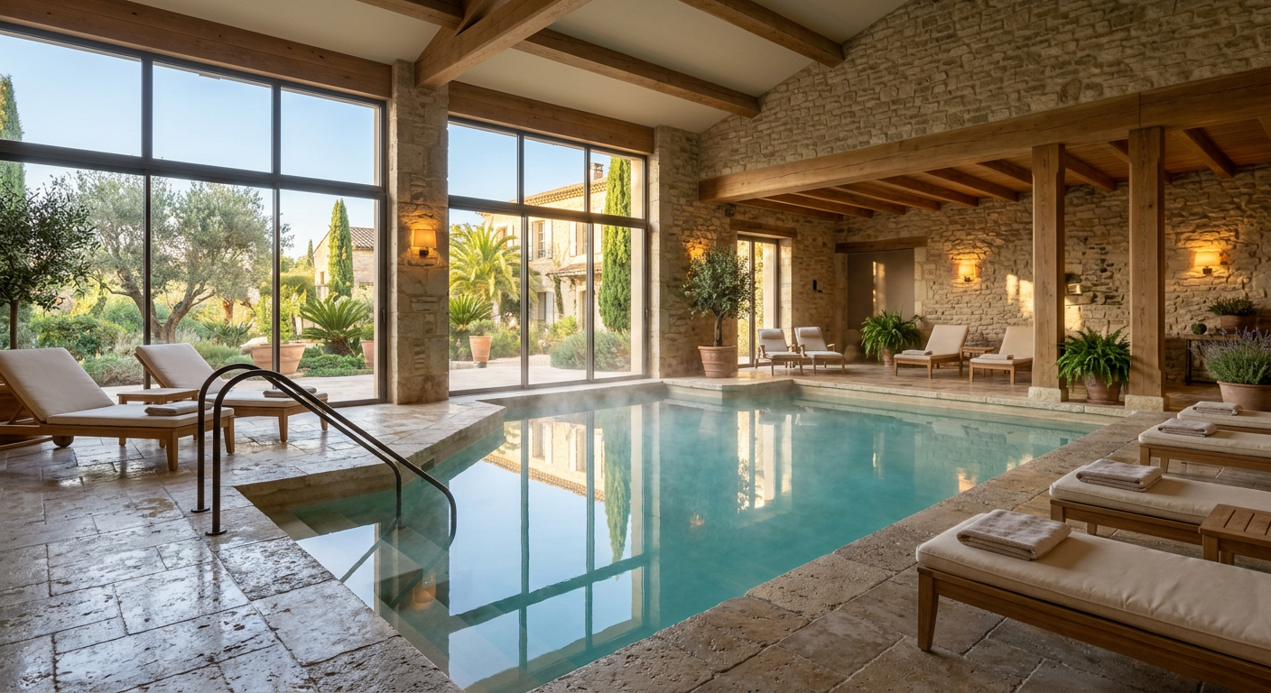 Bassin intérieur chauffé de l'hôtel-spa 4 étoiles à Juvignac, avec transats et grandes baies vitrées