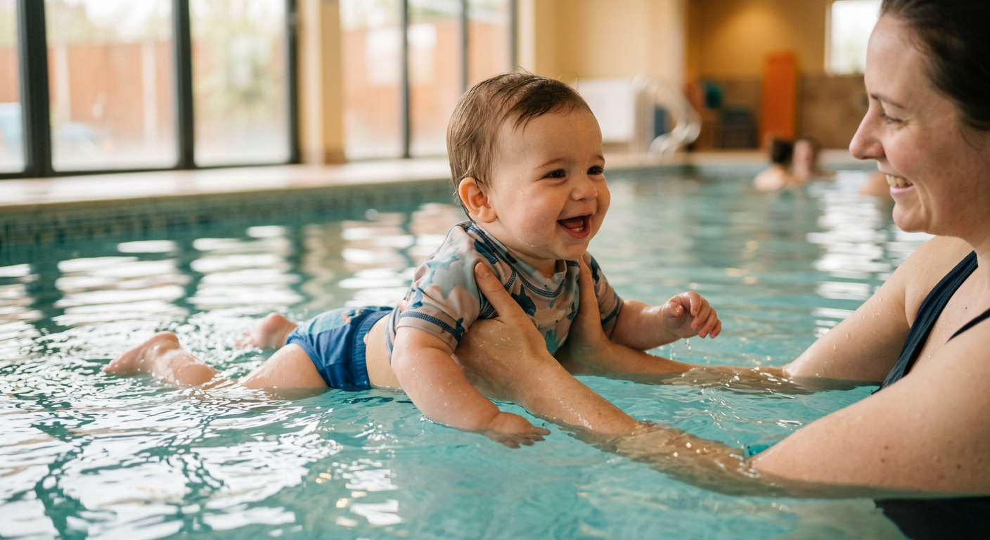 Une mère tient son bébé dans le bassin chauffé, tous deux souriants